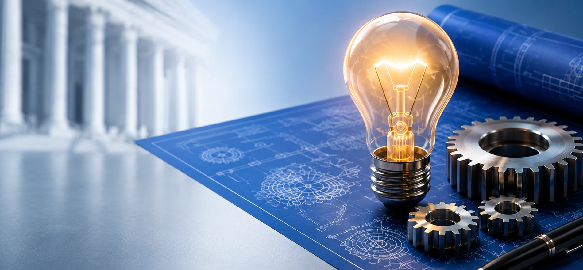 Glowing lightbulb resting on engineering blueprints next to metal gears and a pen with courthouse pillars in the background