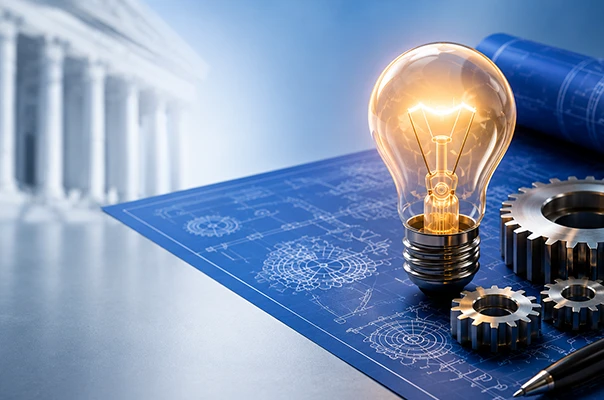 Glowing lightbulb resting on engineering blueprints next to gears representing patent law